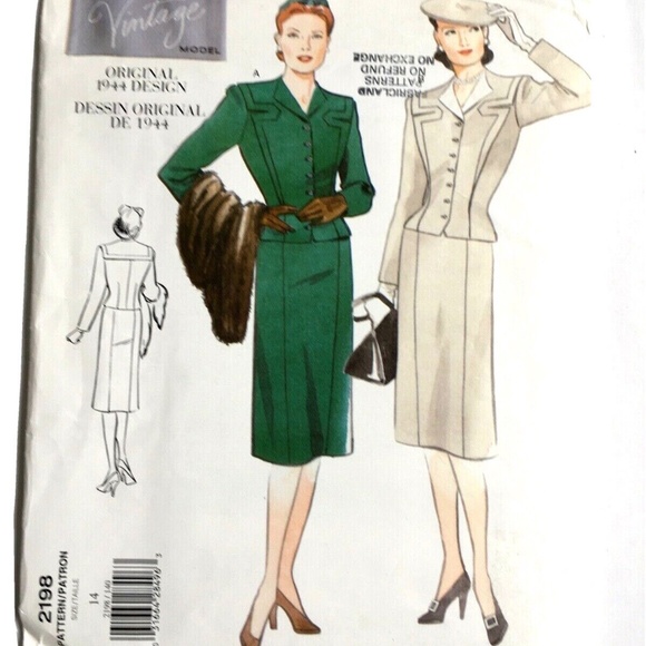 VOGUE Retro Sewing Pattern 1944 Jacket & Skirt Size 14 UNCUT Wiggle Skirt Fitted - Picture 2 of 5